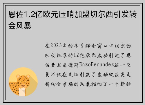 恩佐1.2亿欧元压哨加盟切尔西引发转会风暴